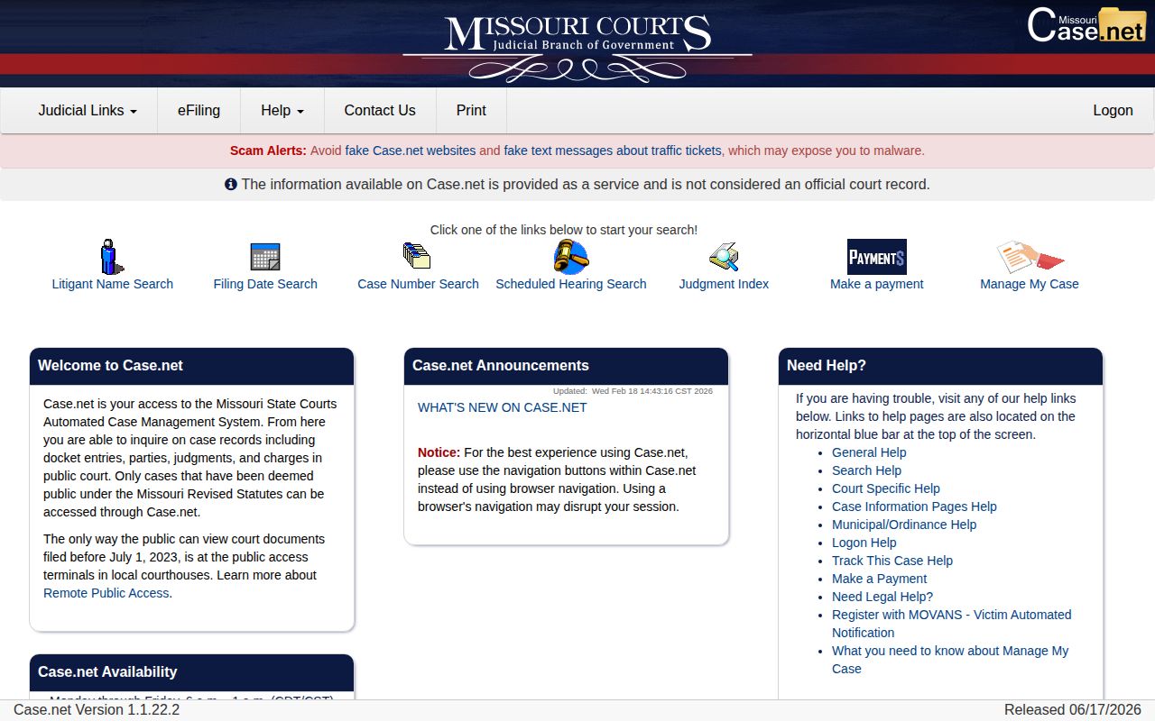 Dunklin County released inmate court record search in Missouri Case.net