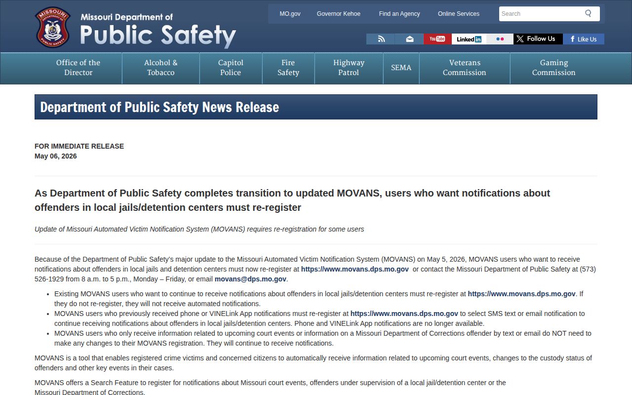 Dunklin County MOVANS release alert migration notice
